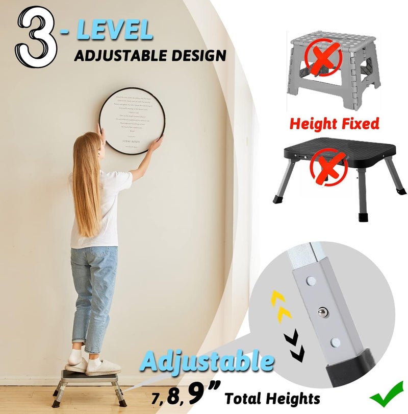 Double Elite 3 Levels Adjustable Folding Step Stools for Adults, Sturdy Metal RV Step, Safer Foldable Small Kitchen Stepping Stool for Kids Seniors Bed, Multi-Use Office Foot Stool Under Desk - Image 3